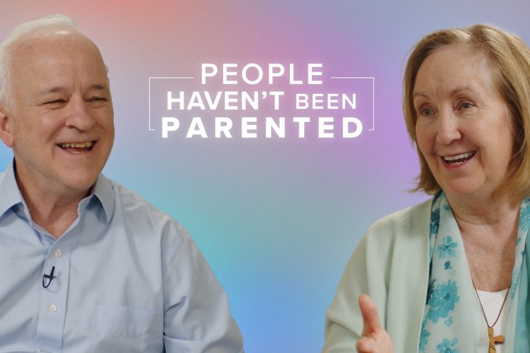 An older gentleman and woman laughing together in mid-conversation. Between them is the caption "People haven't been parented." The background is a melange of blue, green, and pink.