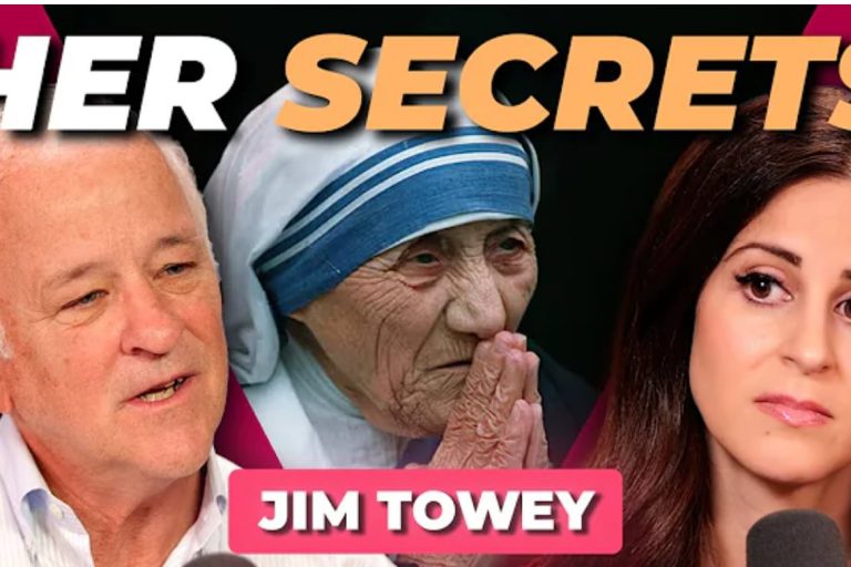 A triptych of headshots, featuring an older gentleman (Jim Towey), Mother Teresa of Calcutta with her hands folded, and Lila Rose, from left to right. The top banner says "Her Secrets."