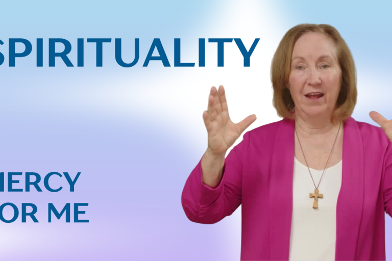 A woman in her 60s with her hands spread out, looking at the camera. The caption of the image is "Spirtuality: Mercy for Me"