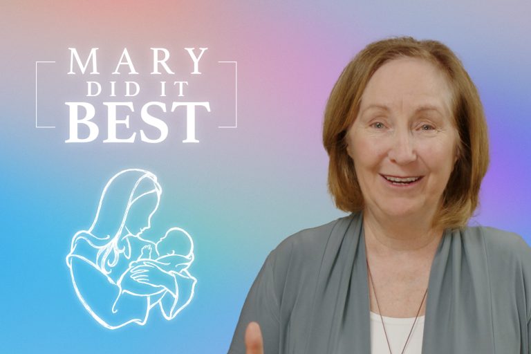 Image of older woman with green sweater and white shirt, with soft rainbow background. Caption reads "Mary did it Best" with an outline of a Madonna with child