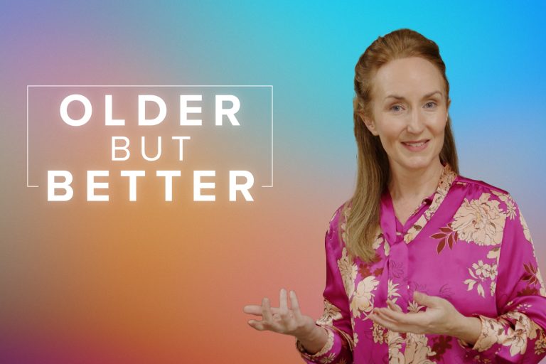 Middle aged woman, Maggie McGahon, in a pink blouse with yellow flowers. Tagline reads "Older but Better"