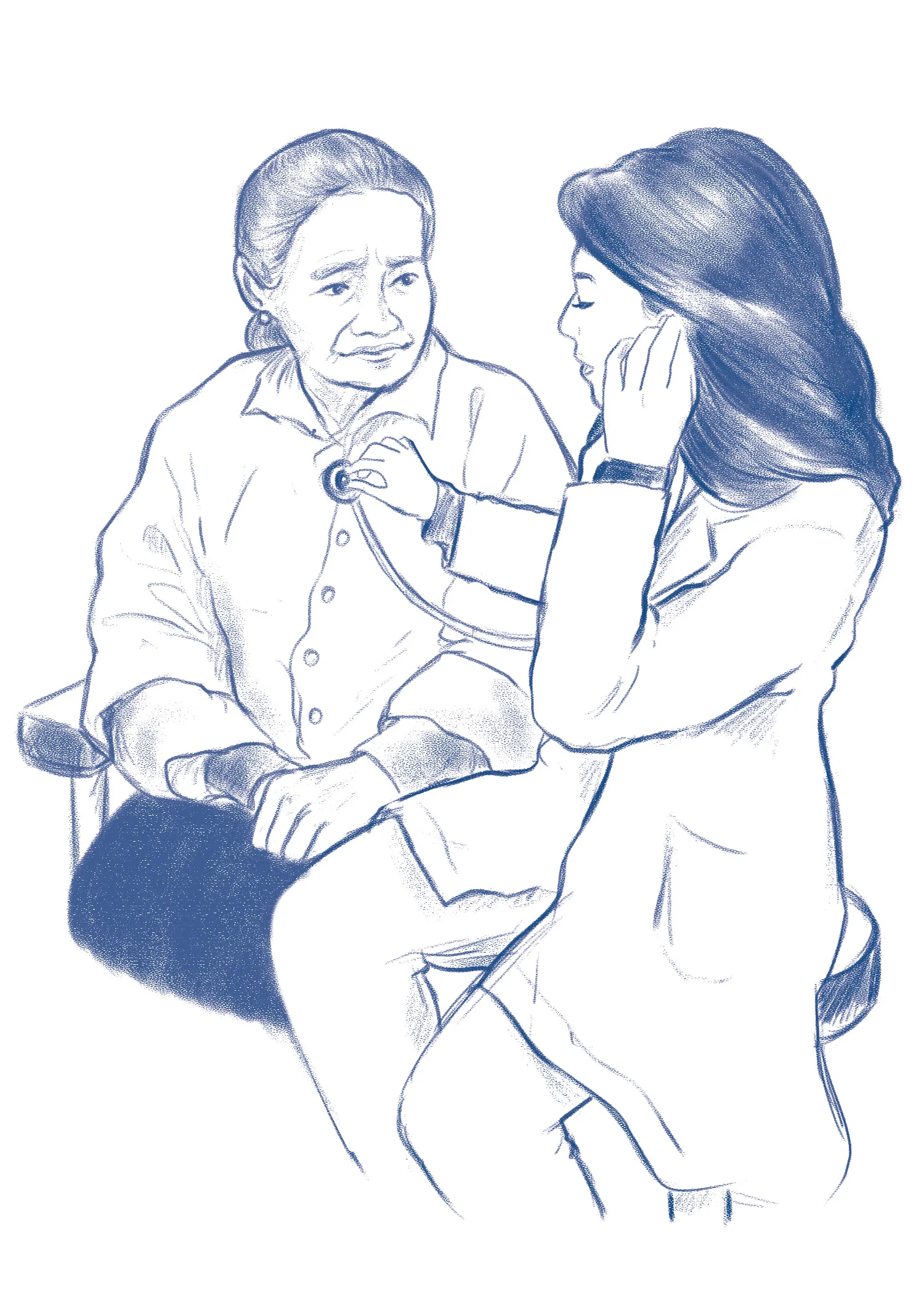 Sketched in blue hues, a female doctor in her youth places a stethoscope on the chest of a trusting, but nervous elderly woman seated in a patient's chair.