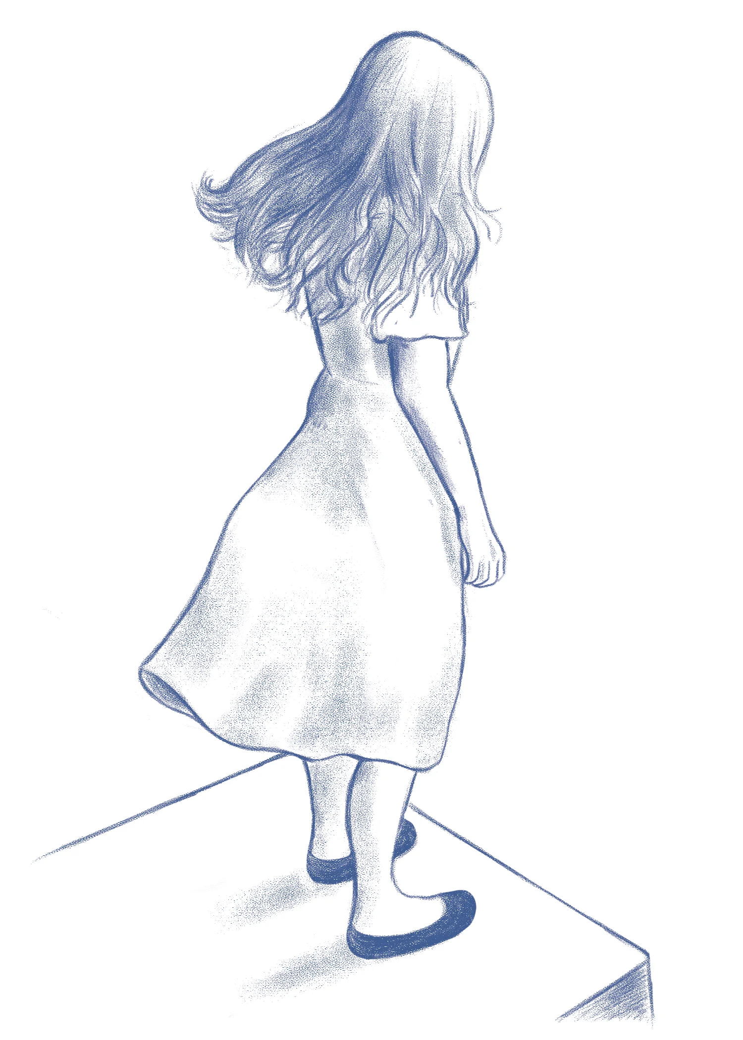 A woman in a white dress blowing in the breeze stands looking forlornly over a ledge. She is alone. Her face can't be seen by the viewer. It is sketched in blue tones.